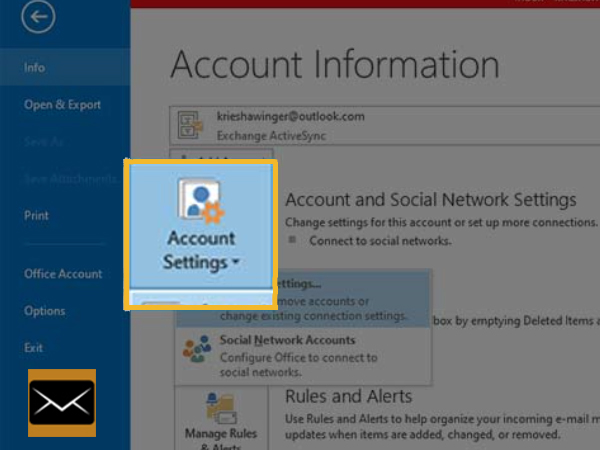Account settings option in Outlook