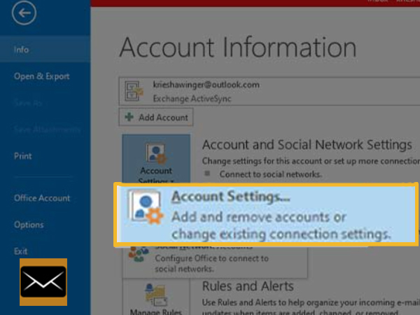account settings option of Outlook