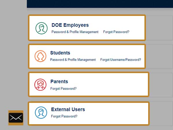 Select a suitable option from DOE Employees, Students, Parents, and External Users and click on its ‘Forgot Password’ link.