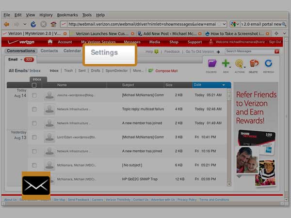 Settings in Verizon Email Account