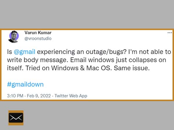 Tweet on Gmail issue 