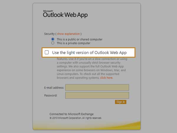 Select Use the light version of Outlook Web App