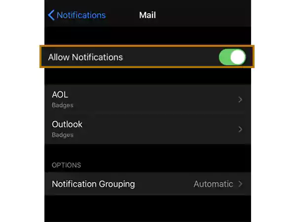 Ensure that Allow Notifications is turned on