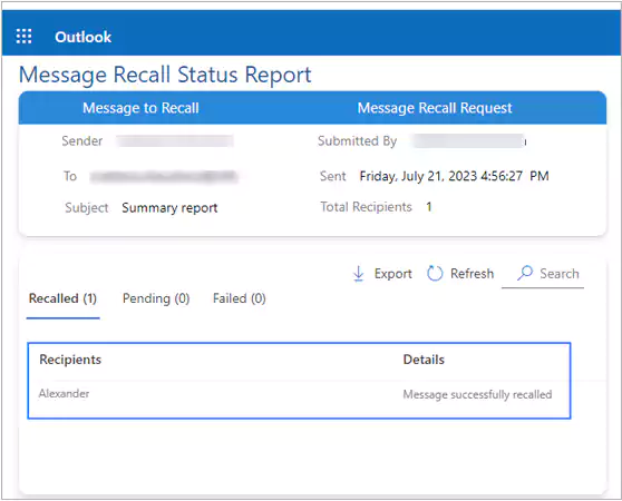 Message Recall Status Report